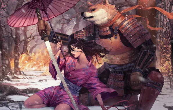 Girl, sword, umbrella, soldiers, beast