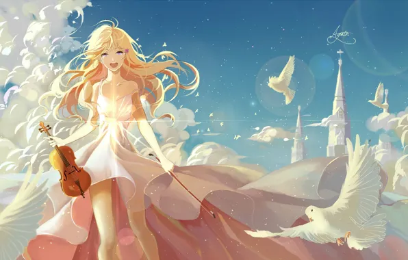 Picture the sky, girl, clouds, birds, castle, violin, anime, feathers