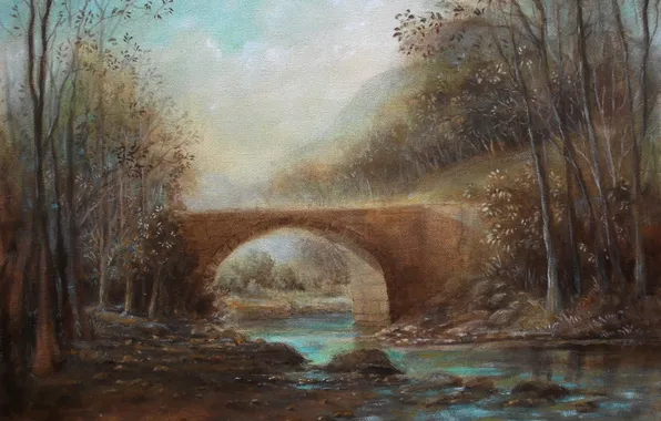 Picture trees, bridge, river, art