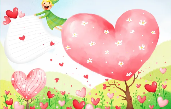 Flowers, elf, hearts, flight, baby Wallpaper