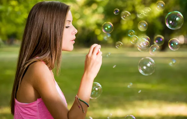 Girl, bubbles, profile, brown hair