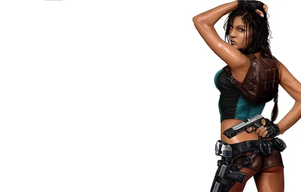 Erotic, ass, look, girl, gun, back, white background, Tomb Raider