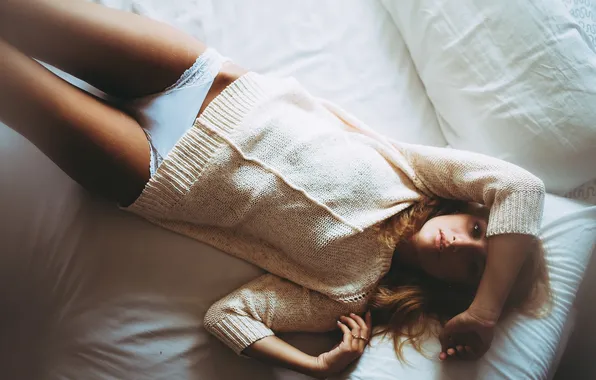 Girl, pose, bed, blonde, lies, pillow, briefs
