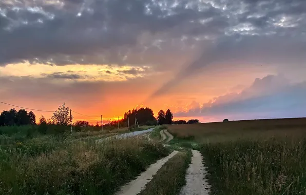 Road, landscape, sunset, nature, village, Kostroma