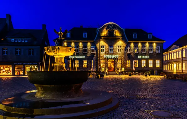 Night, lights, home, Germany, area, fountain, Goslar