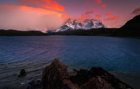 Mountains, shore, pond, Andes, Patagonia