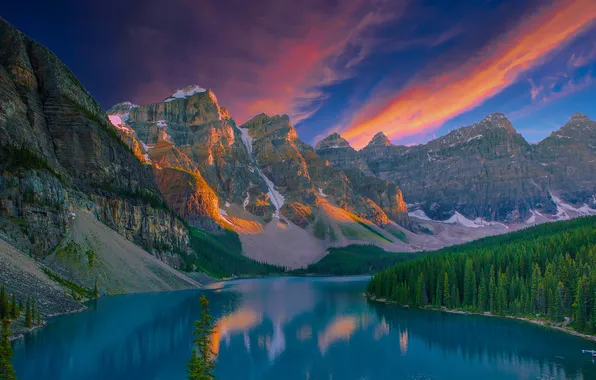 Forest, clouds, light, sunset, lake, Canada, Moraine