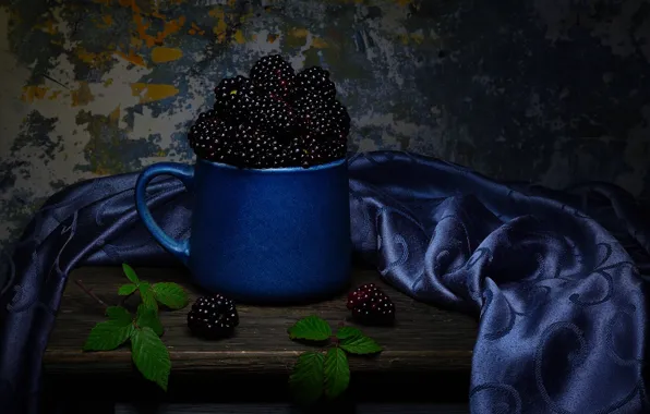 Leaves, berries, the dark background, table, mug, fabric, still life, blue