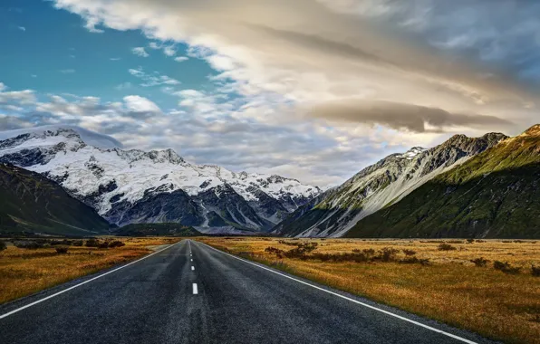 Road, the sky, clouds, snow, mountains, hdr