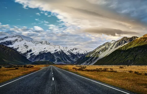 Picture road, the sky, clouds, snow, mountains, hdr