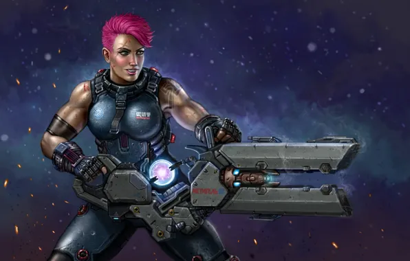 Girl, weapons, art, avenger, Overwatch, Alexander Zaryanova, Zarya