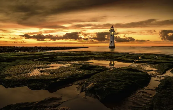 Picture sea, night, Perch Rock lighthouse, New Brighton