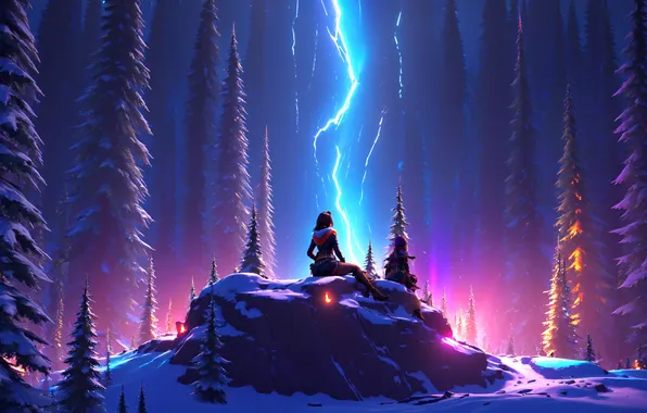 Fantasy, forest, girls, lightning, winter, snow, digital art, artwork