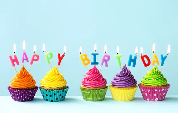 Candles, colorful, rainbow, cake, cream, Happy Birthday, colours, cupcake