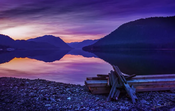 The sky, water, sunset, mountains, lake, dawn, shore, Board