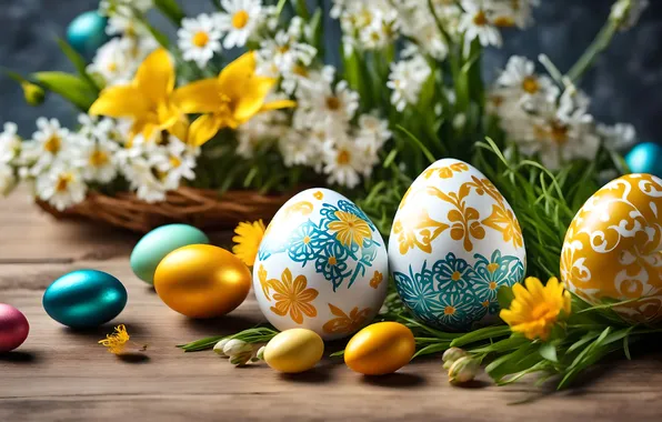 Flowers, eggs, spring, colorful, Easter, flowers, spring, Easter