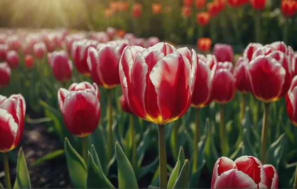 Flowers, spring, tulips, red, flowerbed
