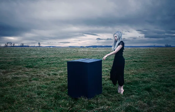 Field, girl, box, barefoot, Aleah Michele