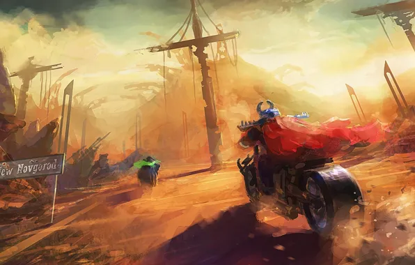 Future, cloak, art, russia, motorbike, vikings, postapocalypse, new novgorod