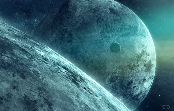 Space, stars, planet, satellite, art, QAuZ