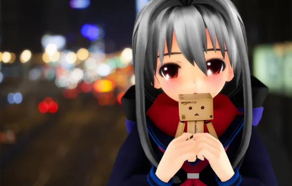 Picture girl, night, the city, lights, anime, art, danbo, ektyr y