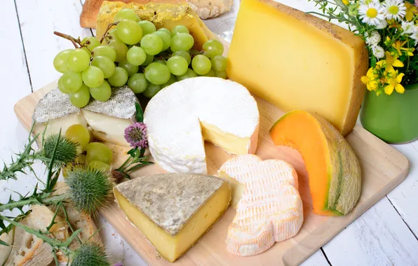 Picture flowers, wine, cheese, bread, grapes, Board