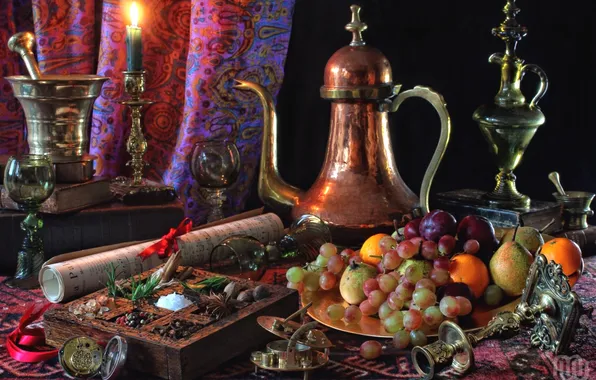 Dishes, fruit, still life, spices