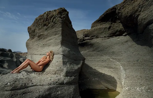 The sky, rocks, body, blonde, lies, Nude, breast, playboy