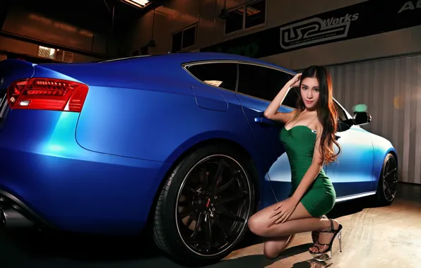 Picture look, Audi, Girls, Asian, beautiful girl, blue auto, sitting on the machine