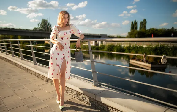 Picture girl, pose, river, hands, dress, legs, promenade, Dmitry Shulgin