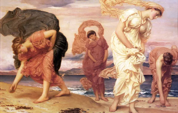 Picture sea, women, beach, antique, Frederic Leighton, Greek Girls Picking up Pebbles, greeks