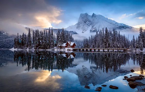 Forest, clouds, mountains, house, the bridge