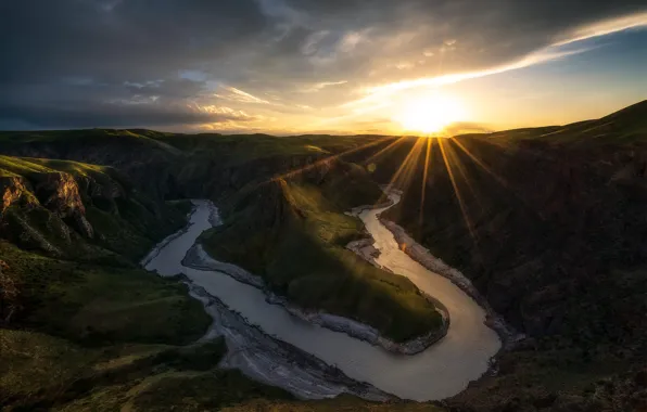 The sky, the sun, clouds, rays, sunset, mountains, river, dawn