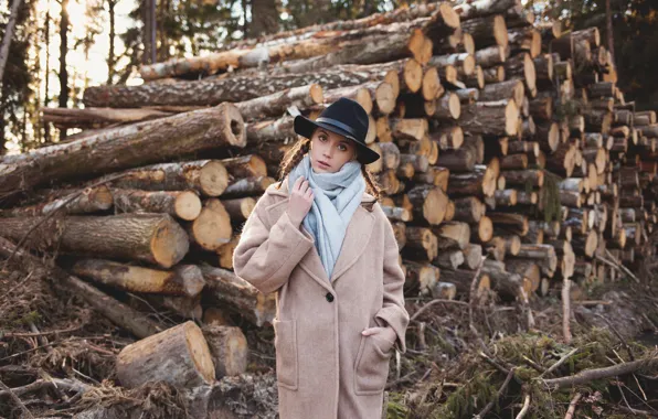 Picture look, girl, hat, coat, logs, Kseniya Kokoreva, Igor Eden