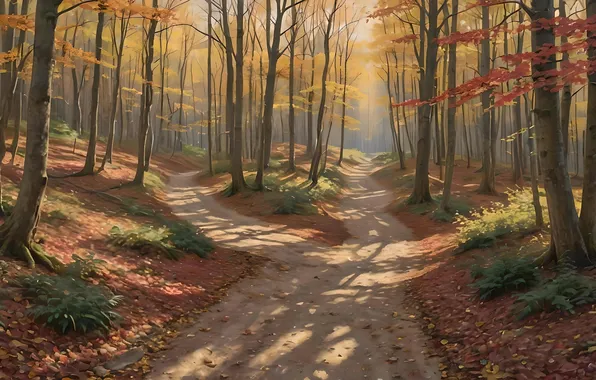 Autumn, forest, light, trees, nature, falling leaves, path, AI art