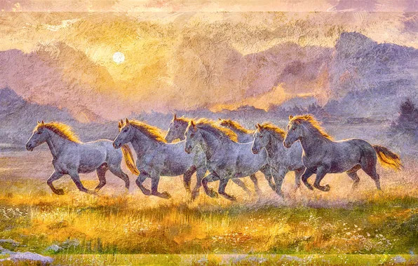 Horses, horse, running, a lot, the herd, horses, imitation painting, AI art