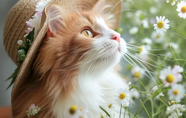 Greens, cat, summer, cat, mustache, look, flowers, nature