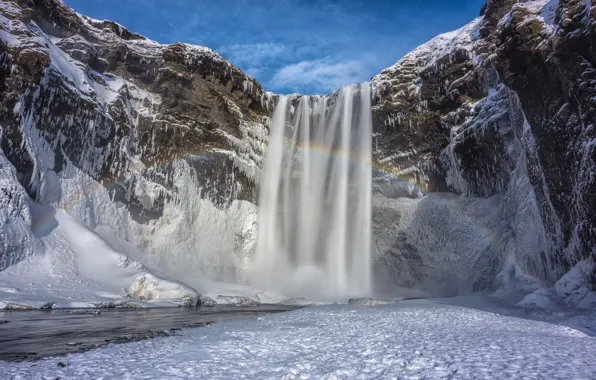 Winter, the sky, snow, mountains, waterfall, rainbow, Iceland
