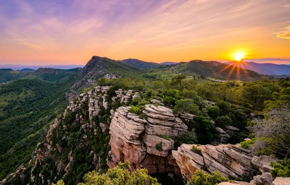 Picture the sun, rays, landscape, sunset, mountains, nature, Spain