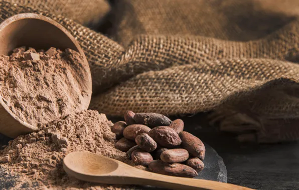 Spoon, bowl, bag, burlap, cocoa, powder, cocoa beans