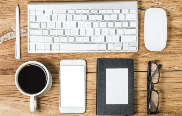 Coffee, glasses, Keyboard, Phone, Notepad, Mouse