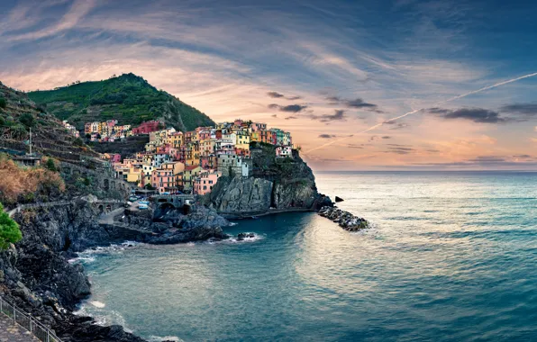 Sea, the sky, clouds, mountains, the city, rocks, shore, horizon