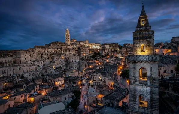 Picture building, tower, home, Italy, night city, Italy, Matera, Basilicata