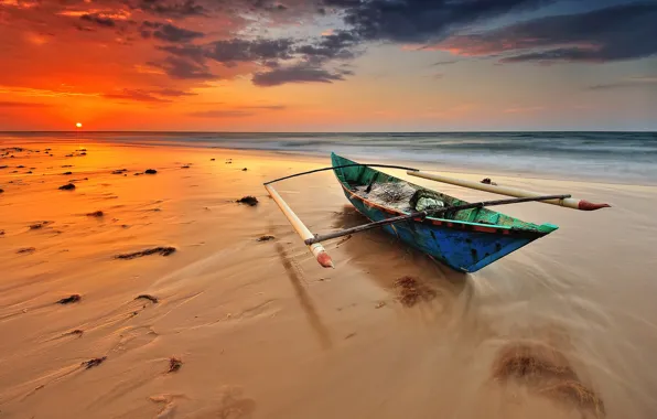Picture sea, beach, sunset, boat