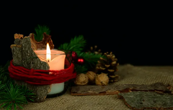 Balls, holiday, candle, Christmas, New year, bark, black background, nuts