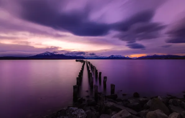 Picture sunset, Chile, Torres del Paine National Park, Old Pier, Peurto Natales