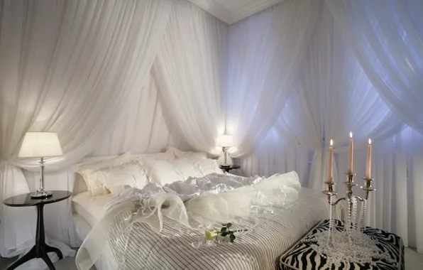 White, light, design, lamp, furniture, bed, candles, Suite