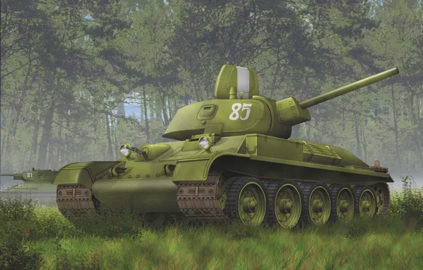 Picture forest, Soviet, WW2, T-34-76, tank