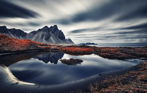 Picture sea, mountains, shore, Vestrahorn Islande