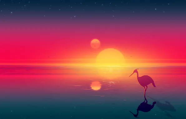 Sunset, The sun, Sea, Mountains, Sunrise, Stars, Birds, Fantasy